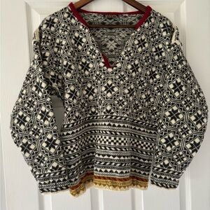 Vintage Norwegian Black and White Geometric V-Neck Sweater.